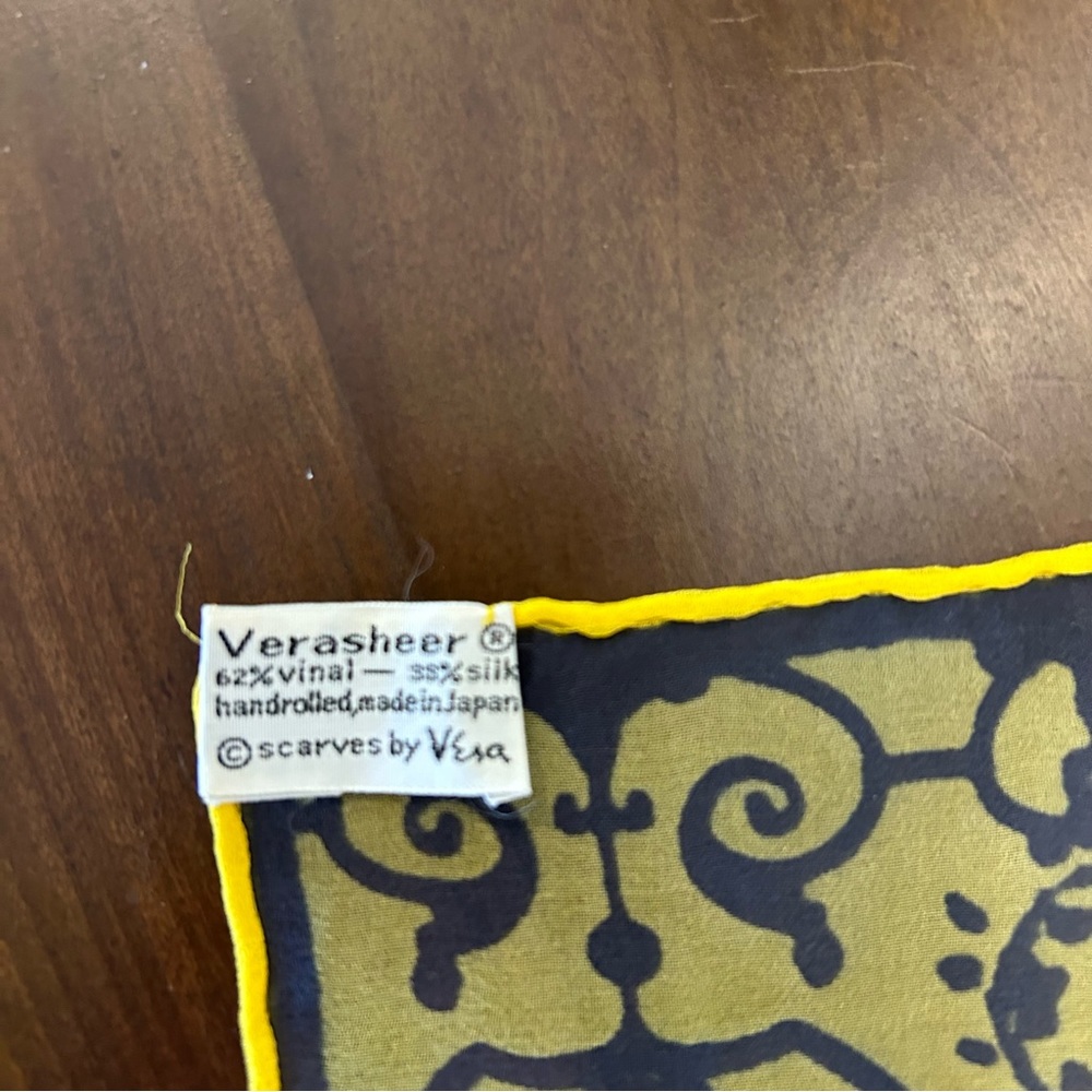 Vintage MOD 1970’s VERA NEUMANN Silk Scarf 44x13.5 Yellow Gray Baroque Verasheer - Picture 6 of 6